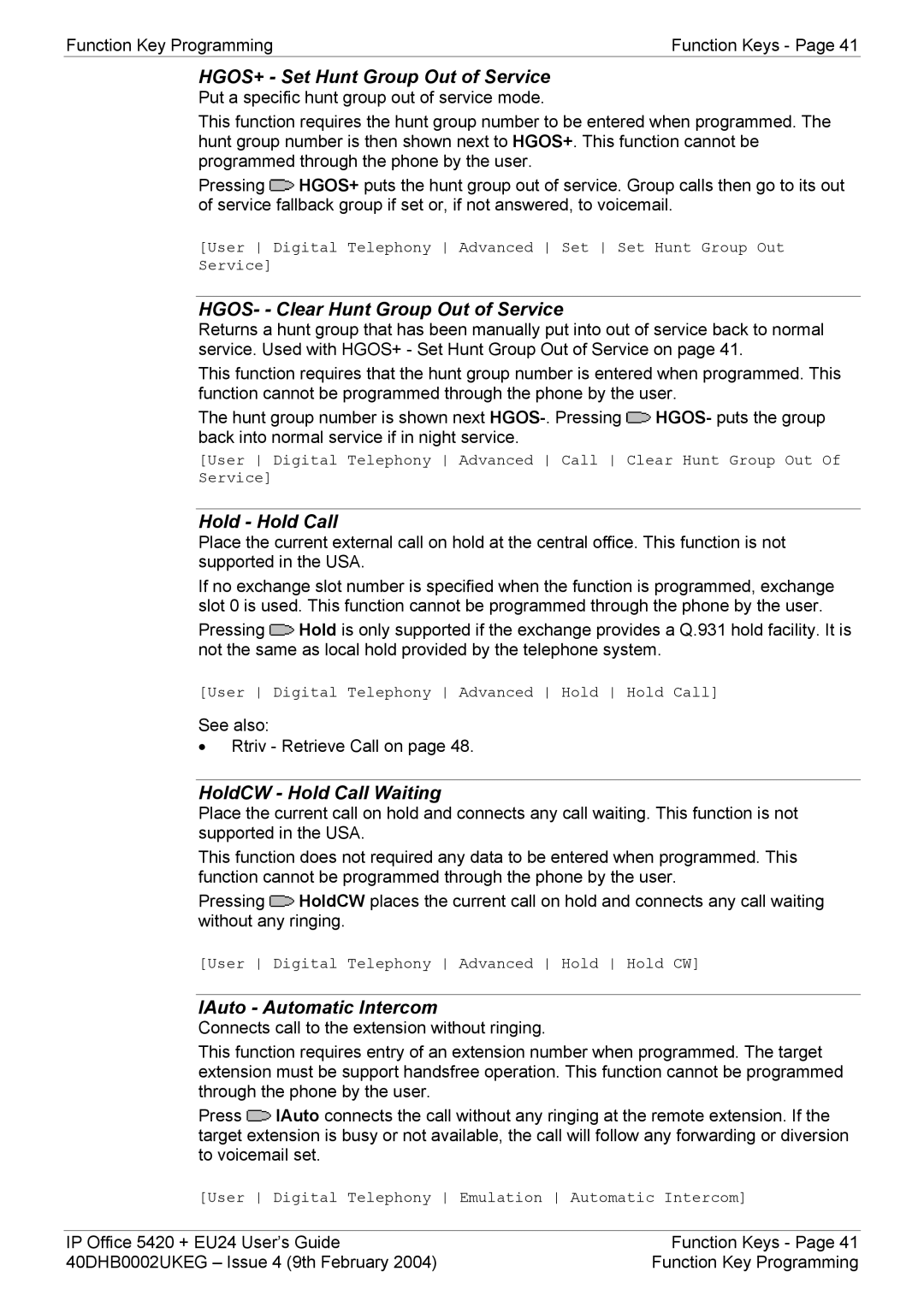 Avaya 5420 + EU24 manual HGOS- Clear Hunt Group Out of Service, Hold Hold Call, HoldCW Hold Call Waiting 