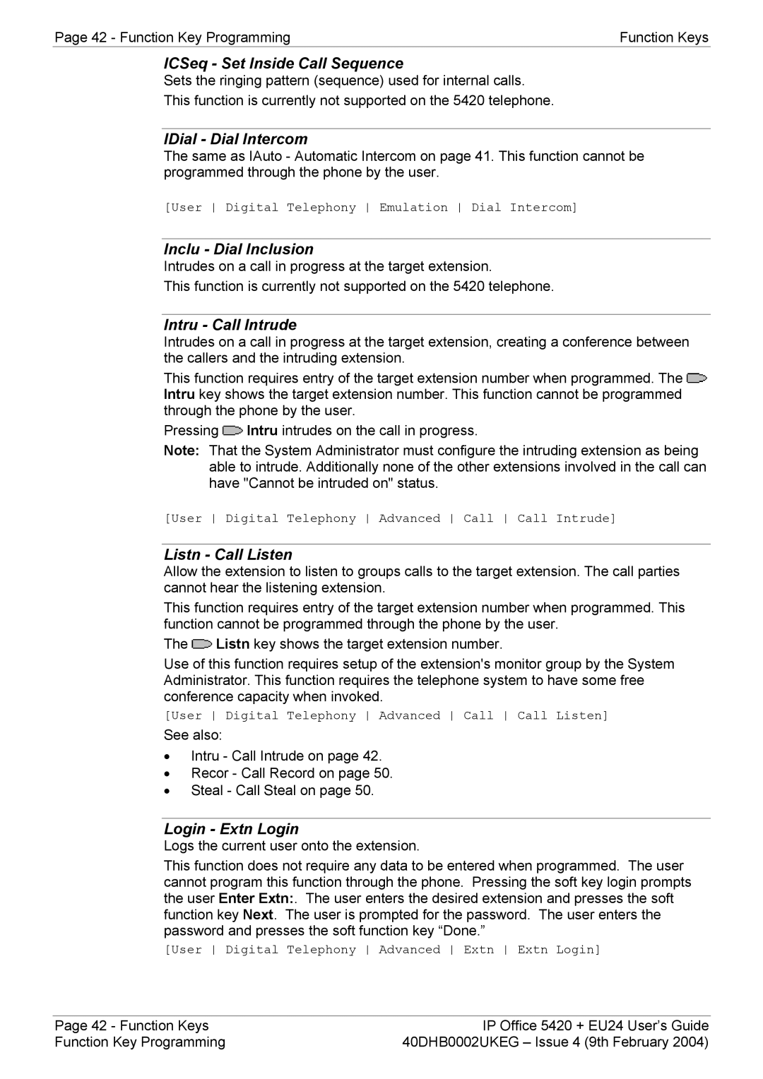 Avaya 5420 + EU24 manual ICSeq Set Inside Call Sequence, IDial Dial Intercom, Inclu Dial Inclusion, Intru Call Intrude 