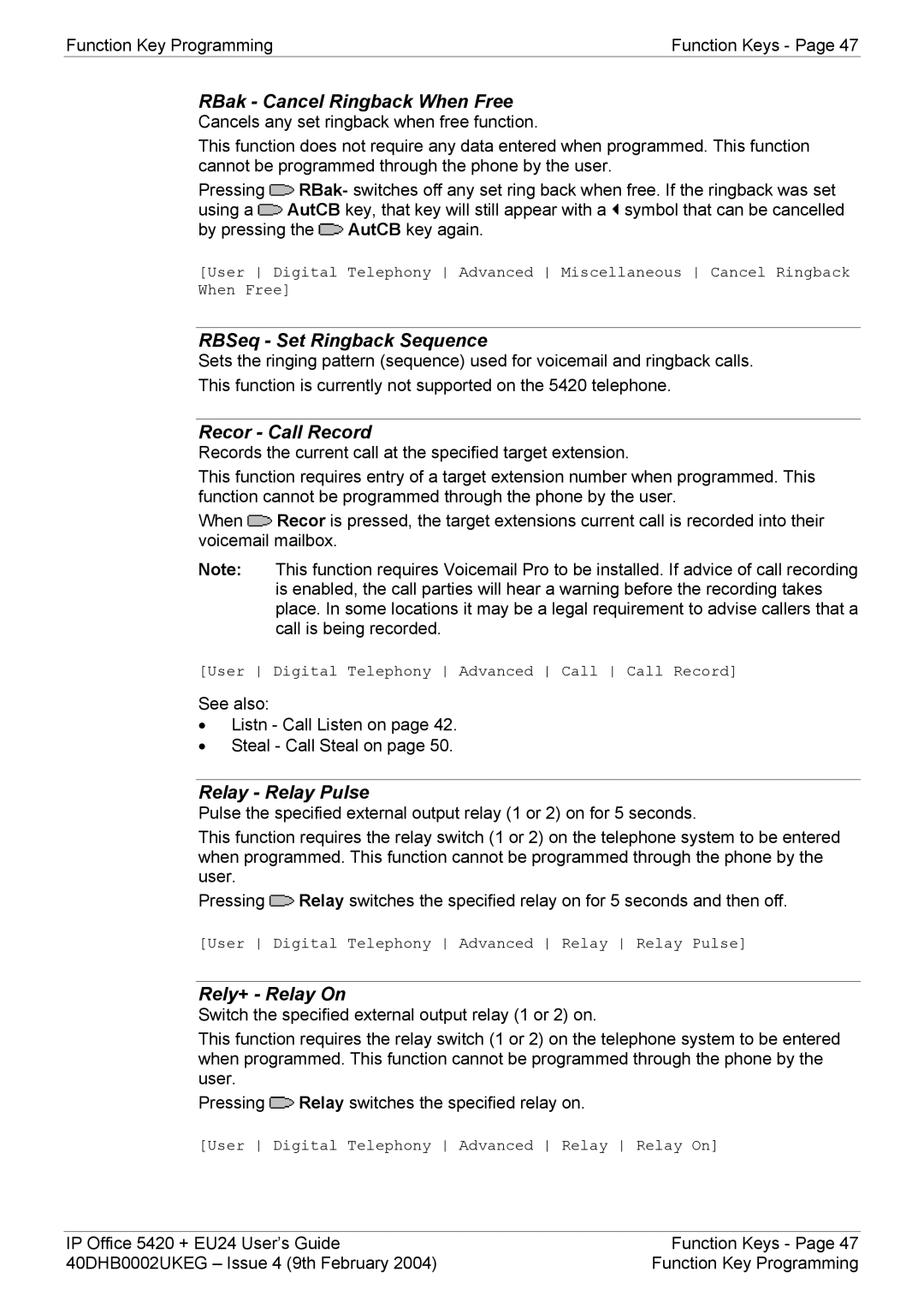 Avaya 5420 + EU24 manual RBak Cancel Ringback When Free, RBSeq Set Ringback Sequence, Recor Call Record, Relay Relay Pulse 