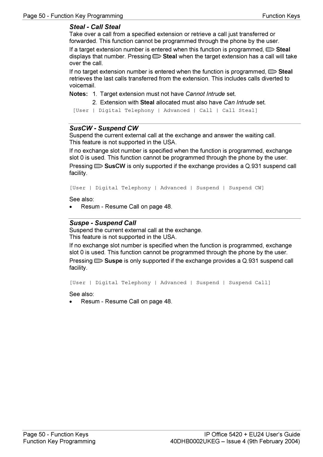 Avaya 5420 + EU24 manual Steal Call Steal, SusCW Suspend CW, Suspe Suspend Call 