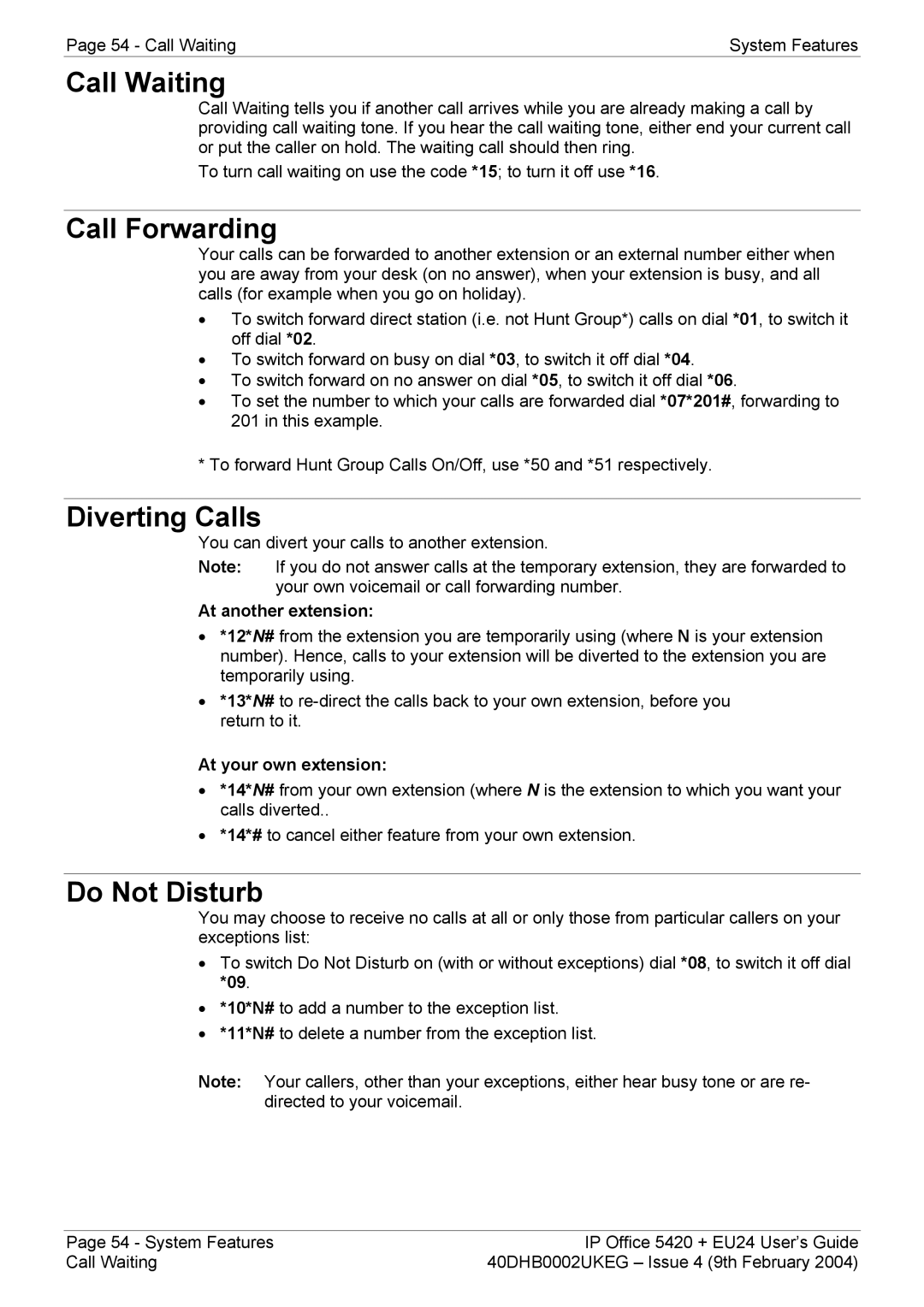 Avaya 5420 + EU24 manual Call Waiting, Call Forwarding, Diverting Calls, Do Not Disturb 