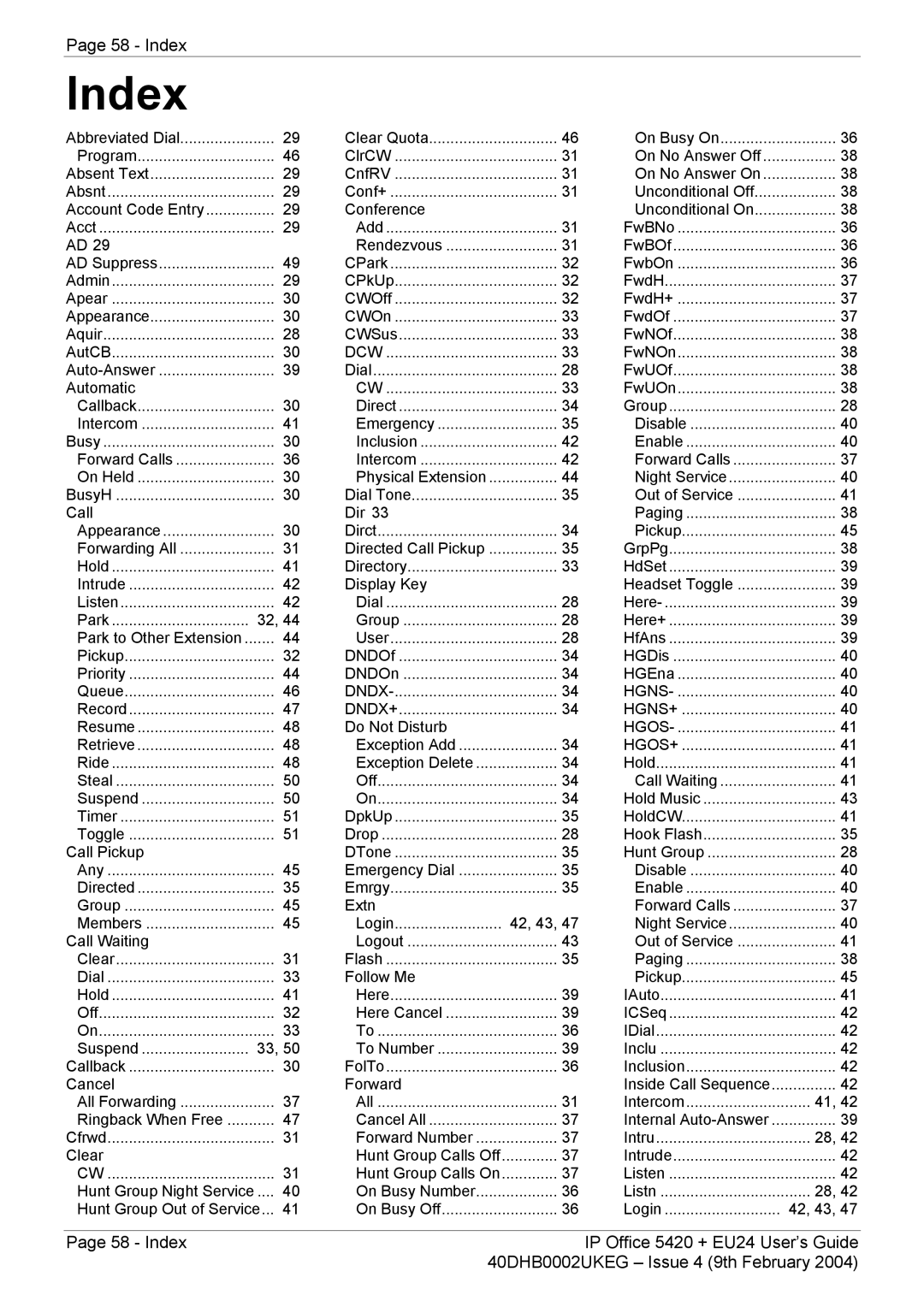 Avaya 5420 + EU24 manual Index, Conference 