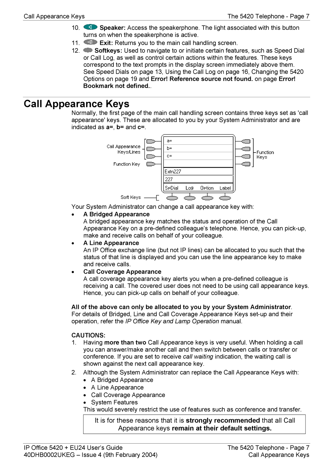 Avaya 5420 + EU24 manual Call Appearance Keys, Bridged Appearance, Line Appearance, Call Coverage Appearance 