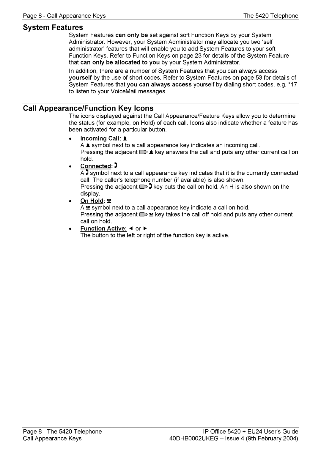 Avaya 5420 + EU24 manual System Features, Call Appearance/Function Key Icons 