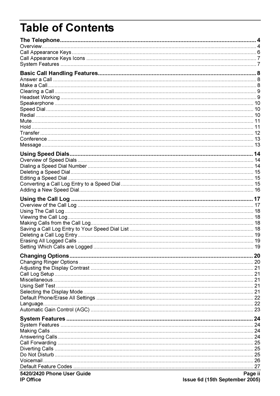 Avaya 5420 manual Table of Contents 