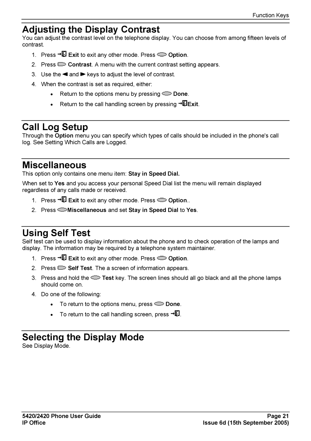 Avaya 5420 Adjusting the Display Contrast, Call Log Setup, Miscellaneous, Using Self Test, Selecting the Display Mode 