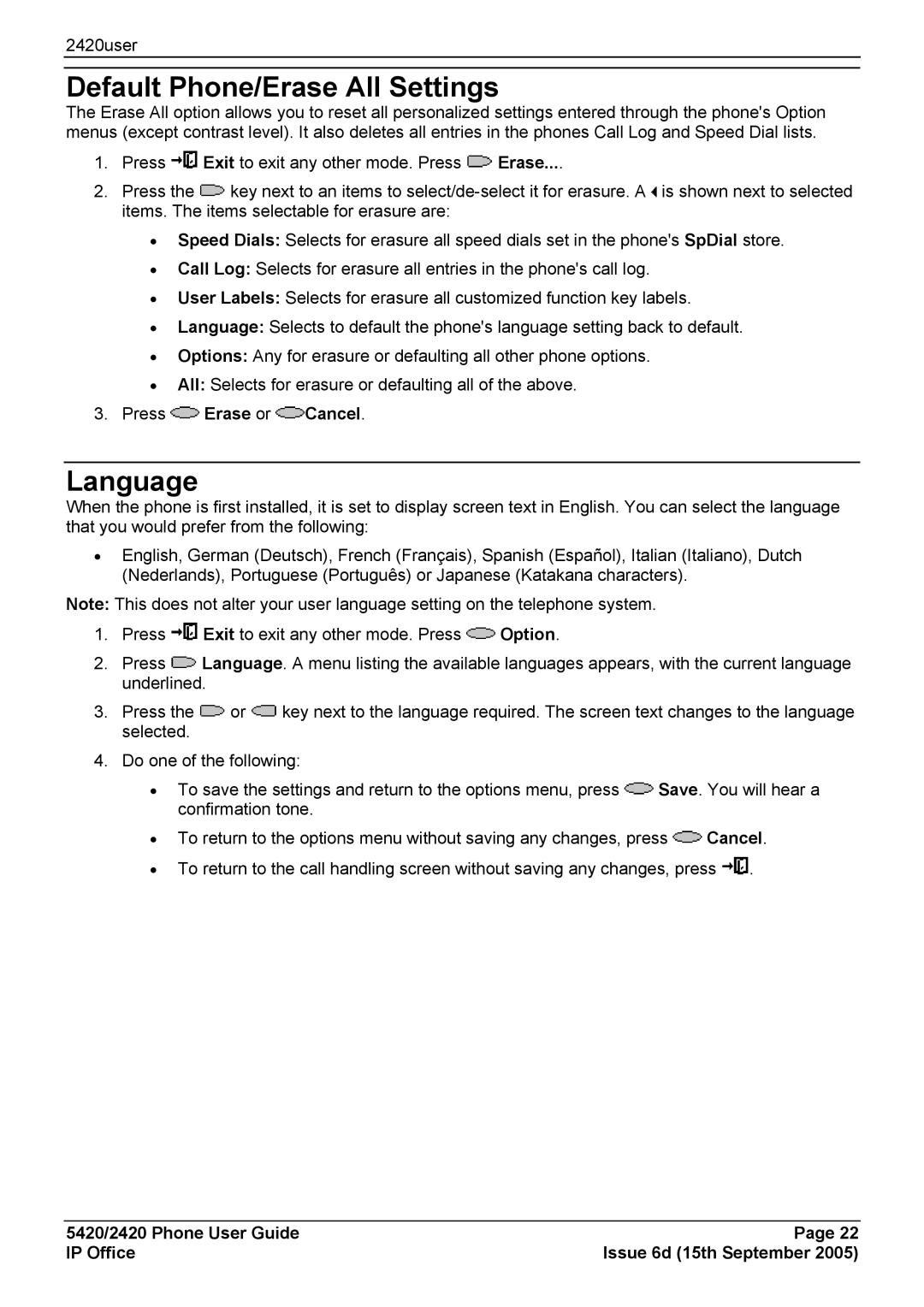 Avaya 5420 manual Default Phone/Erase All Settings, Language, Press Erase or Cancel 