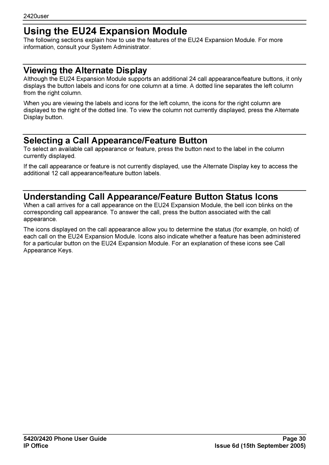 Avaya 5420 manual Using the EU24 Expansion Module, Viewing the Alternate Display 