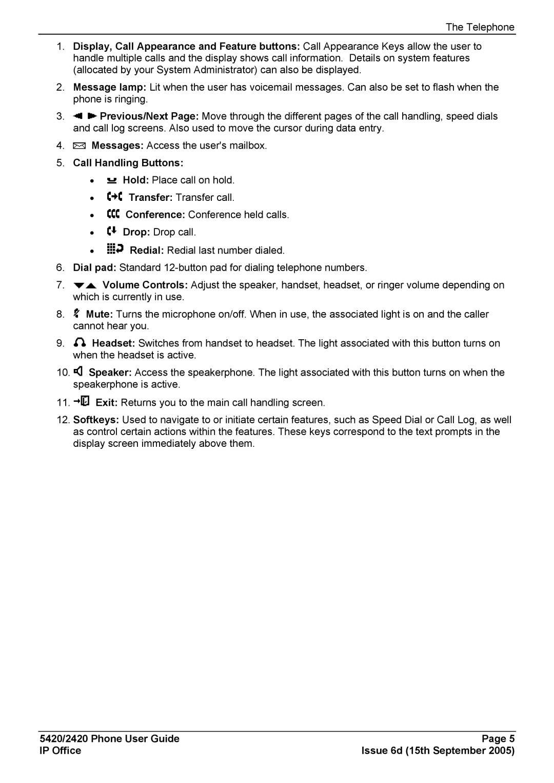 Avaya 5420 manual Call Handling Buttons 