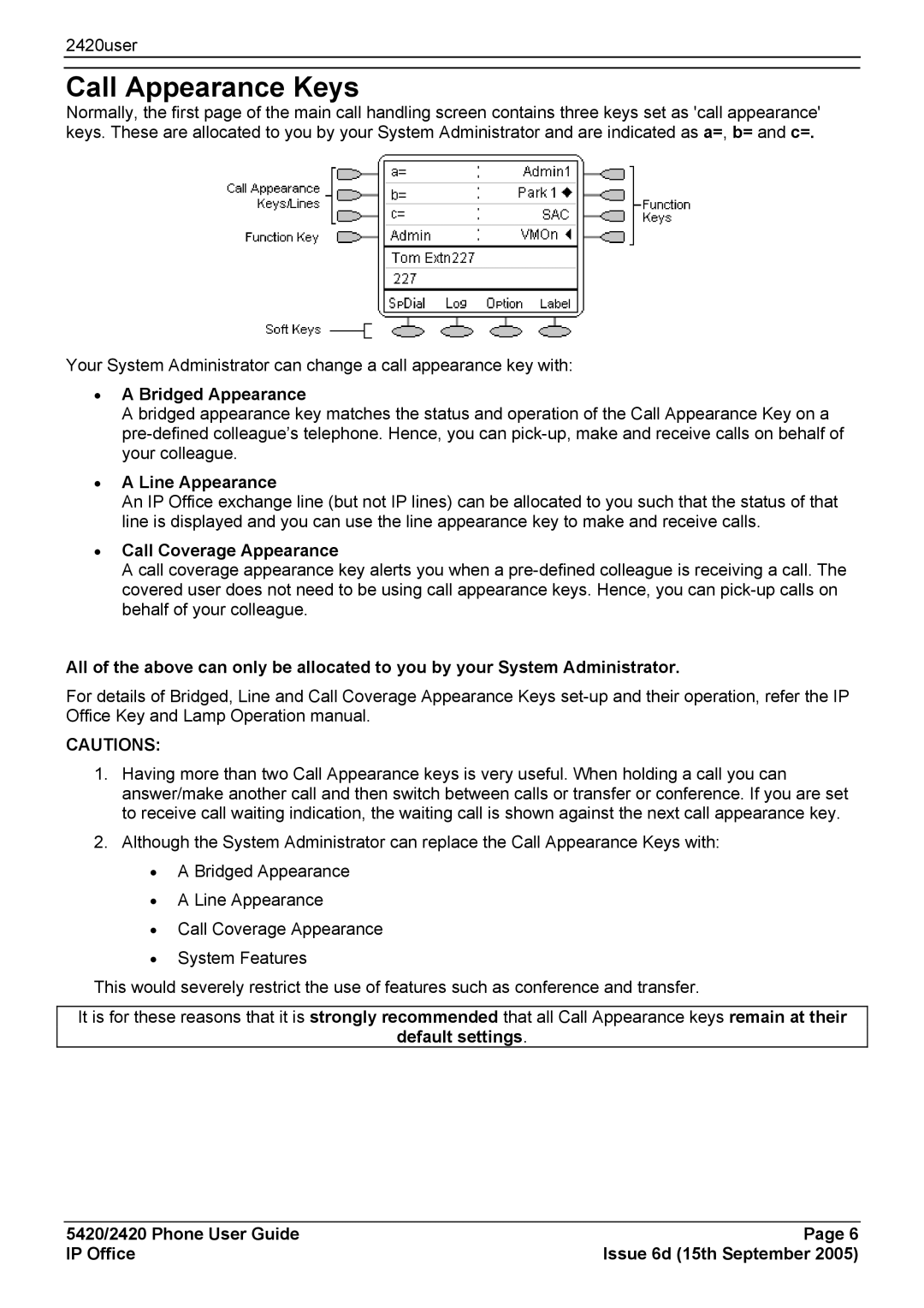 Avaya 5420 manual Call Appearance Keys, Bridged Appearance, Line Appearance, Call Coverage Appearance 