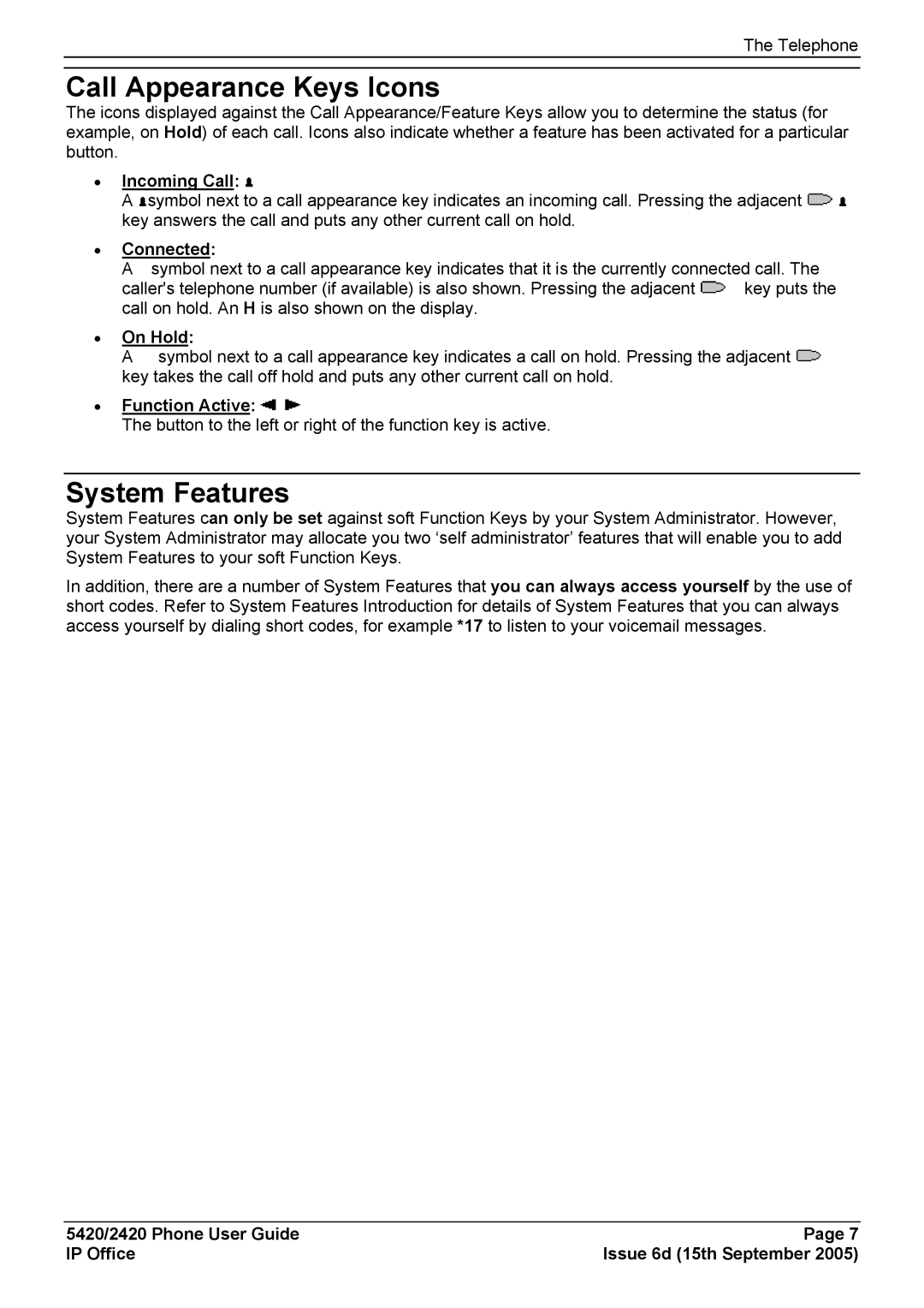 Avaya 5420 manual Call Appearance Keys Icons, System Features 