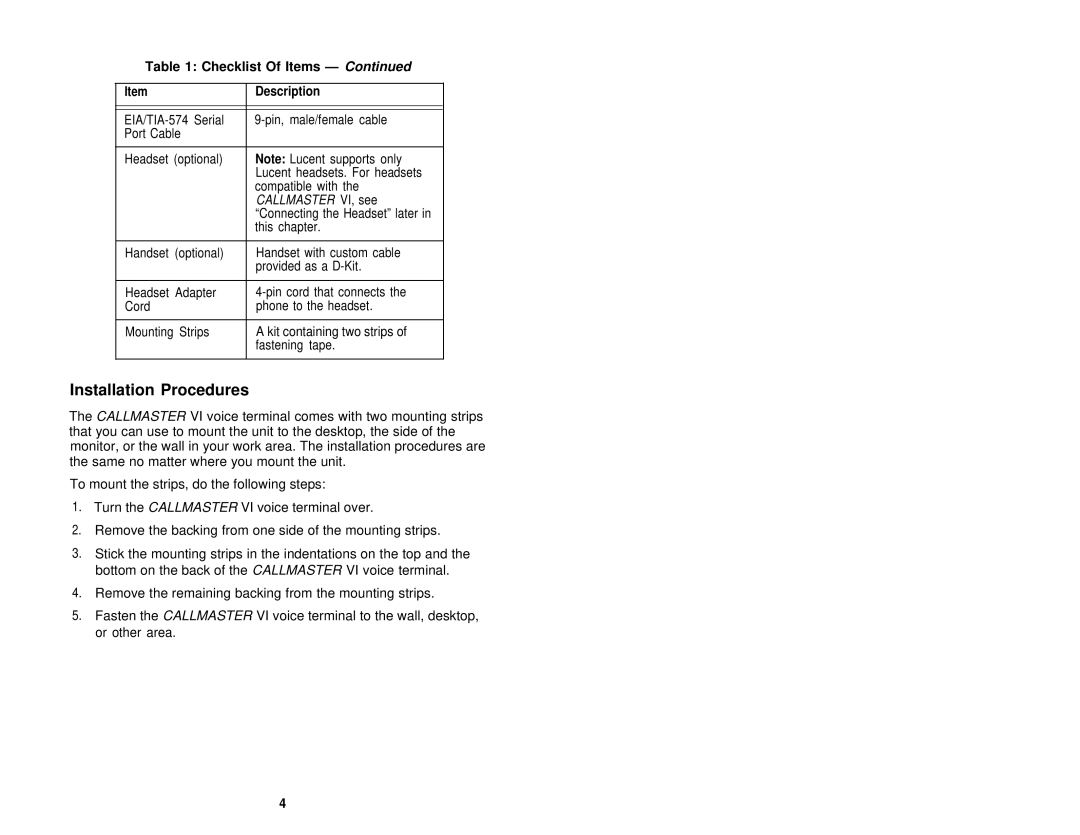 Avaya 555-015-162 user manual Installation Procedures, Checklist Of Items Description 