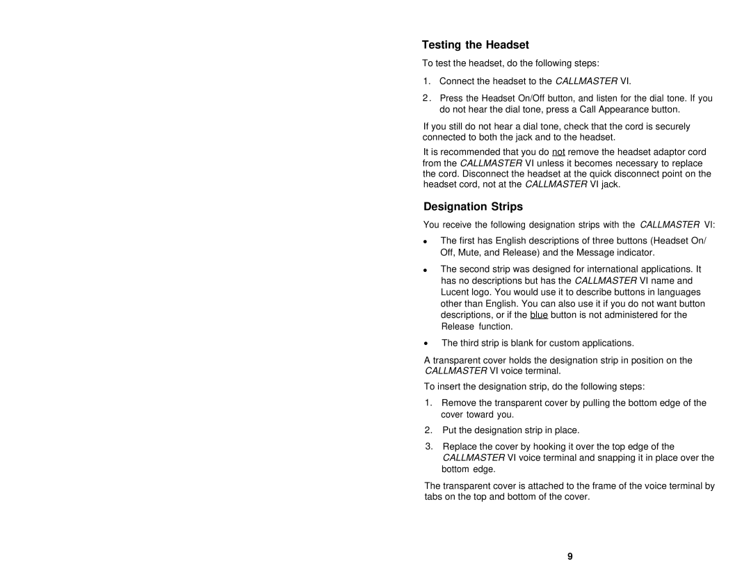 Avaya 555-015-162 user manual Testing the Headset, Designation Strips 