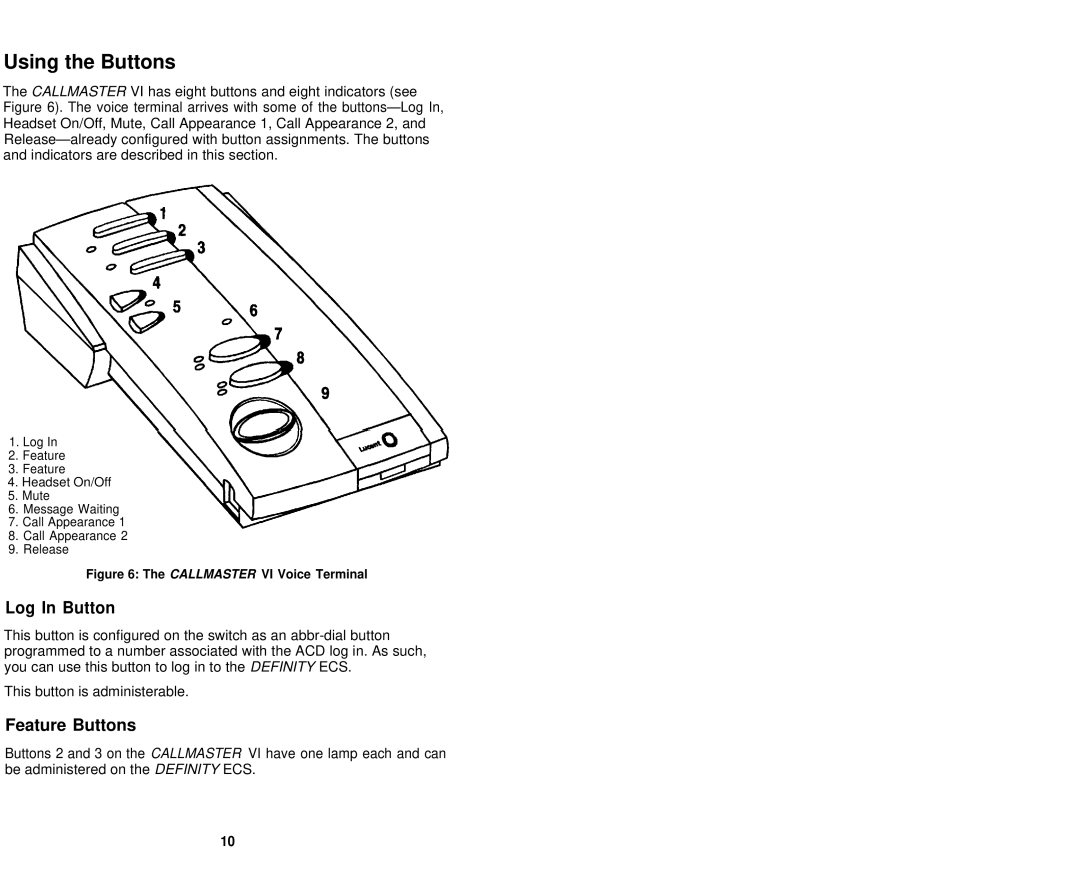 Avaya 555-015-162 user manual Log In Button, Feature Buttons 