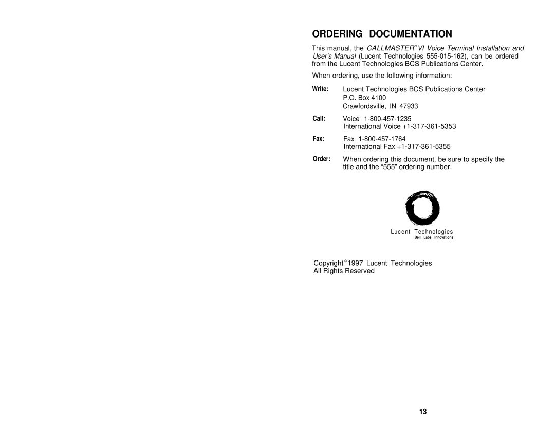 Avaya 555-015-162 user manual Ordering Documentation, Write Call Fax Order 