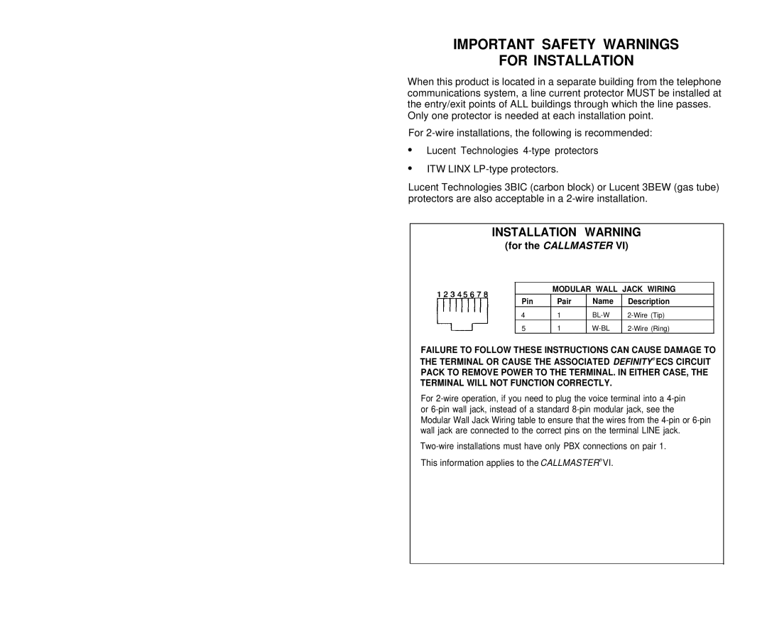 Avaya 555-015-162 user manual Important Safety Warnings For Installation, Installation Warning 