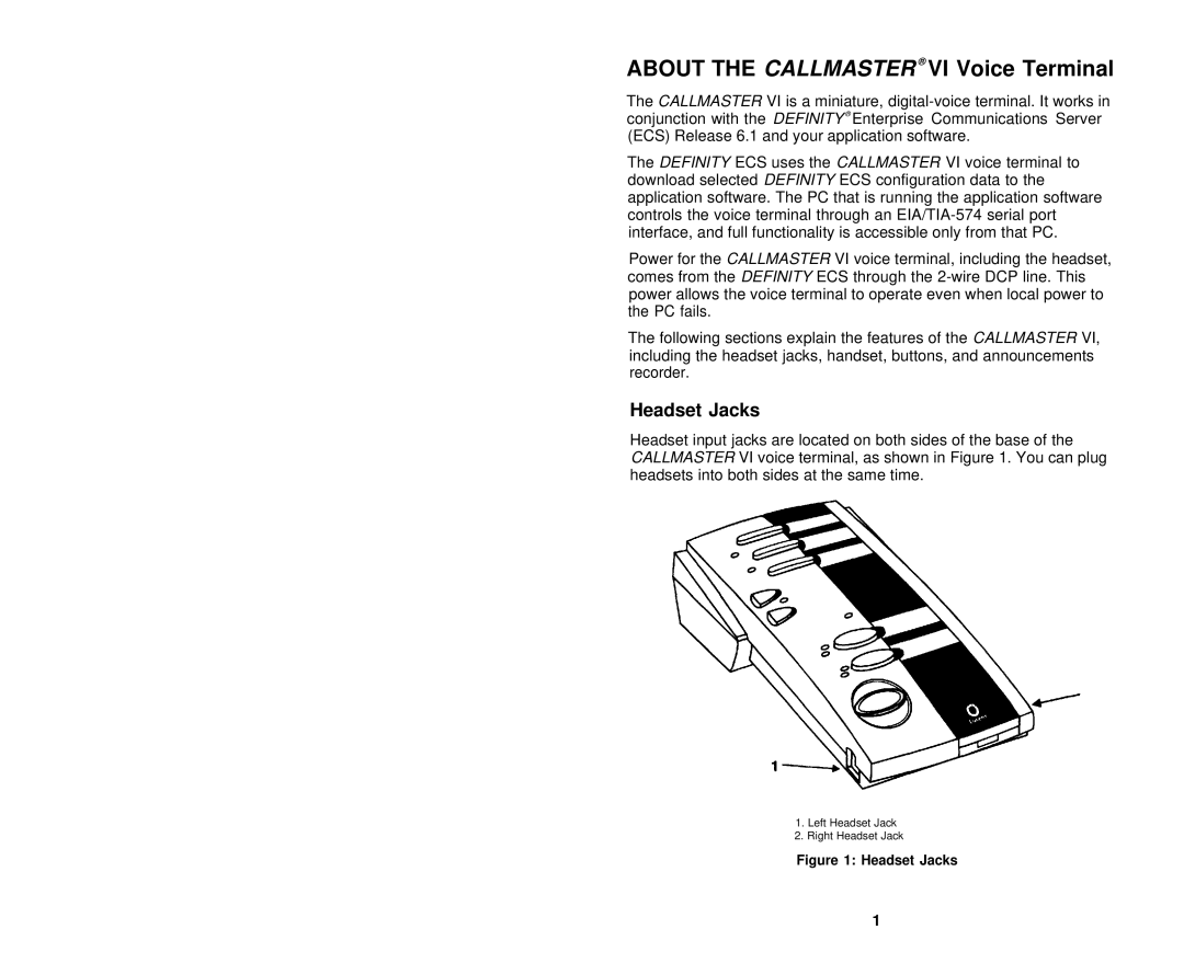 Avaya 555-015-162 user manual About the Callmaster VI Voice Terminal, Headset Jacks 