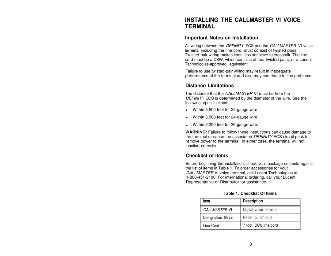 Avaya 555-015-162 Installing the Callmaster VI Voice Terminal, Important Notes on Installation, Distance Limitations 