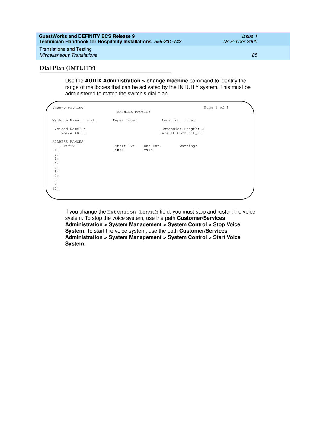 Avaya 555-231-743 manual Dial Plan Intuity, Machine Profile, Address Ranges, 1000 7999 