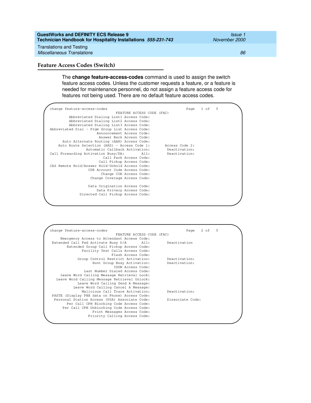 Avaya 555-231-743 manual Feature Access Codes Switch, Feature Access Code FAC 