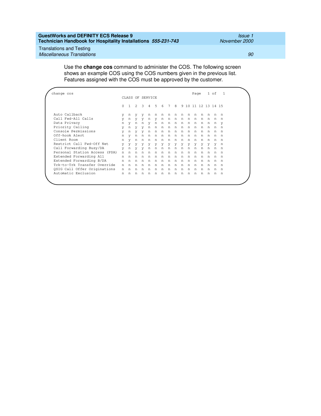 Avaya 555-231-743 manual Class Service 