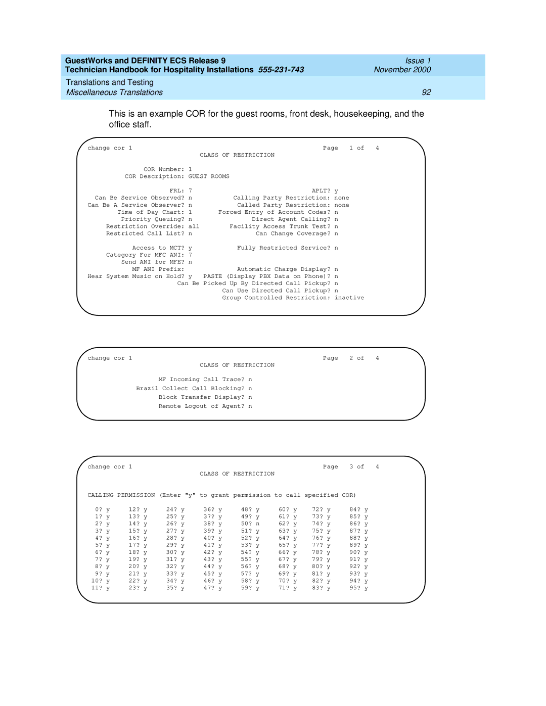 Avaya 555-231-743 manual Class of Restriction, Guest Rooms FRL APLT? 