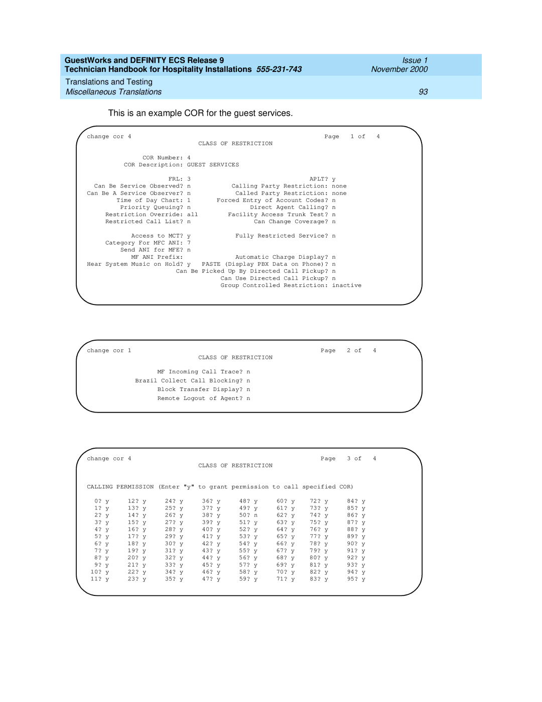 Avaya 555-231-743 manual This is an example COR for the guest services, Guest Services FRL APLT? 