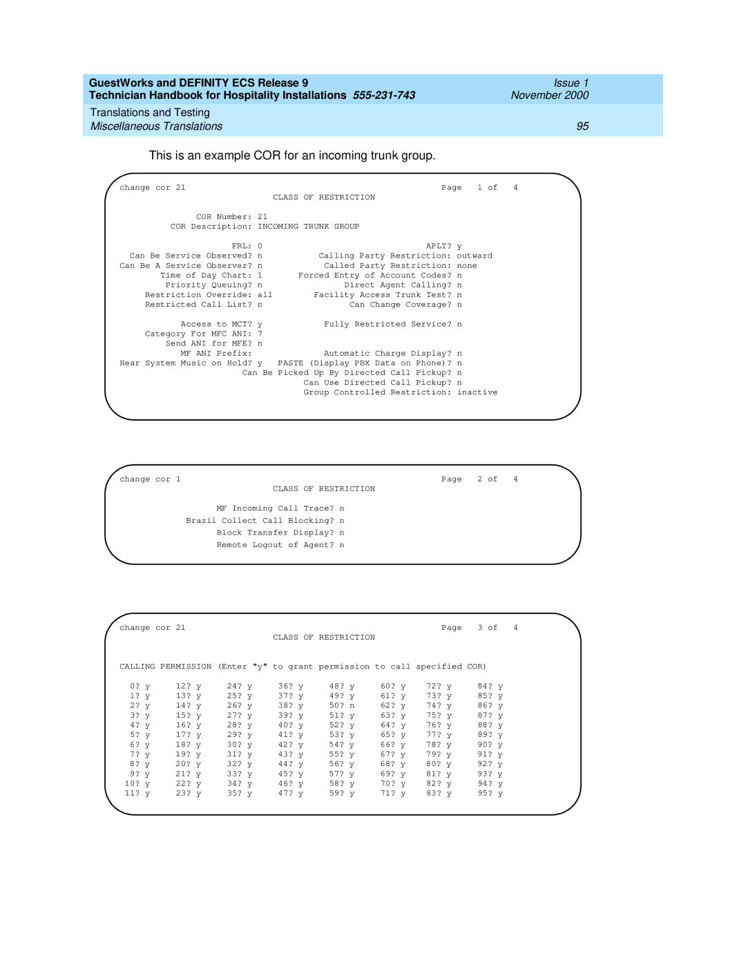 Avaya 555-231-743 manual This is an example COR for an incoming trunk group, Incoming Trunk Group FRL APLT? 