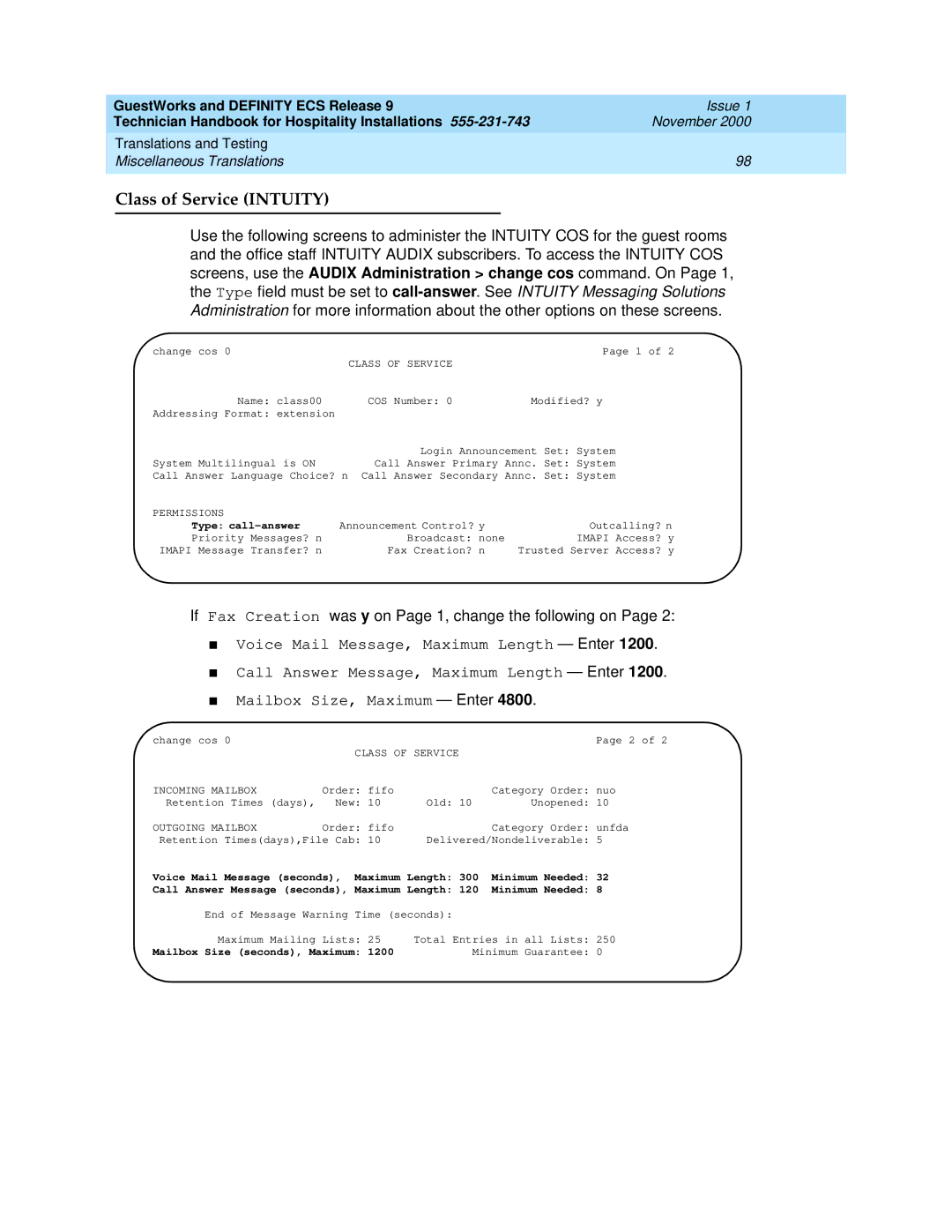 Avaya 555-231-743 manual Class of Service Intuity, Type call-answer, Mailbox Size seconds, Maximum 1200 