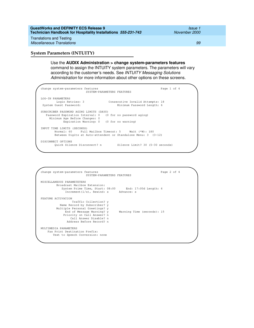 Avaya 555-231-743 manual System Parameters Intuity 