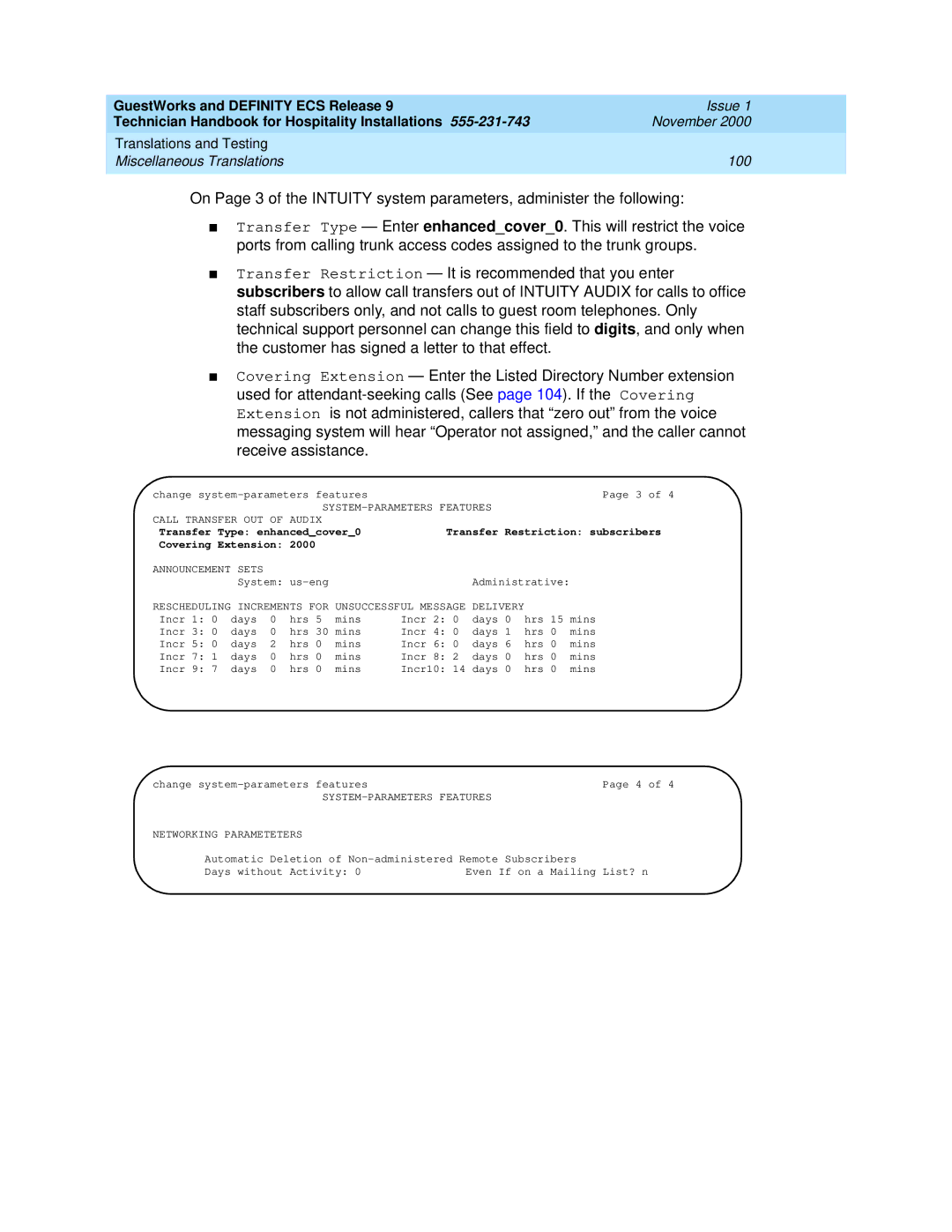 Avaya 555-231-743 manual SYSTEM-PARAMETERS Features Call Transfer OUT Audix, Announcement Sets 