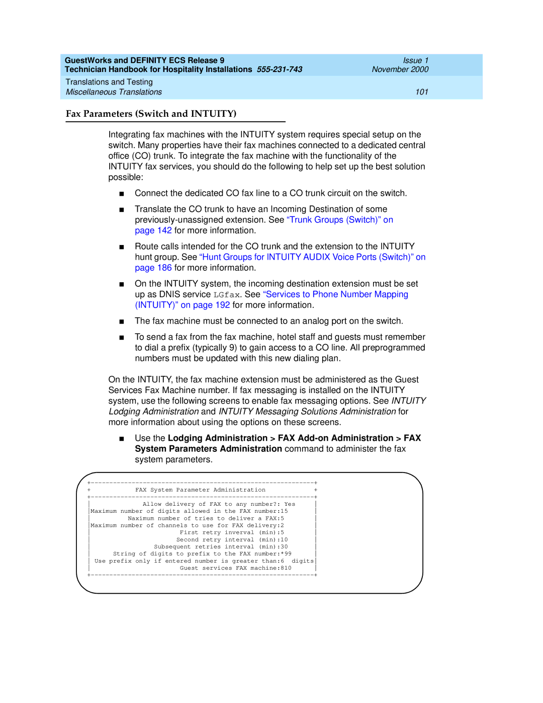 Avaya 555-231-743 manual Fax Parameters Switch and Intuity 