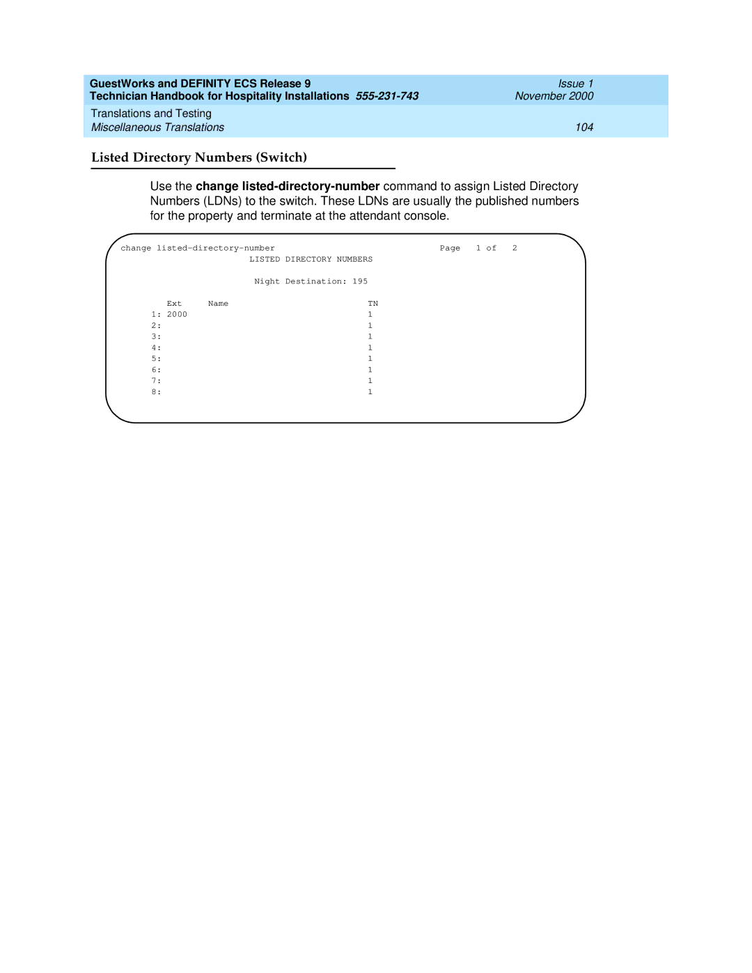 Avaya 555-231-743 manual Listed Directory Numbers Switch 