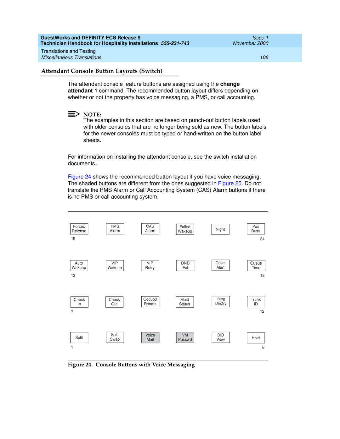 Avaya 555-231-743 manual Attendant Console Button Layouts Switch, Console Buttons with Voice Messaging 