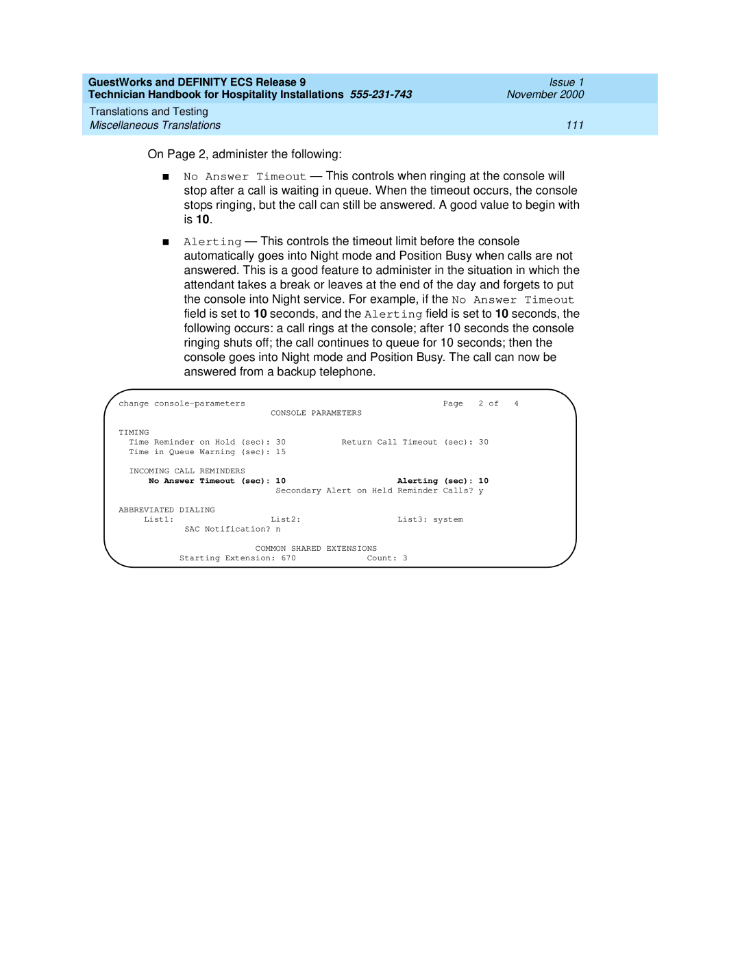 Avaya 555-231-743 manual Console Parameters Timing, Incoming Call Reminders, No Answer Timeout sec Alerting sec 