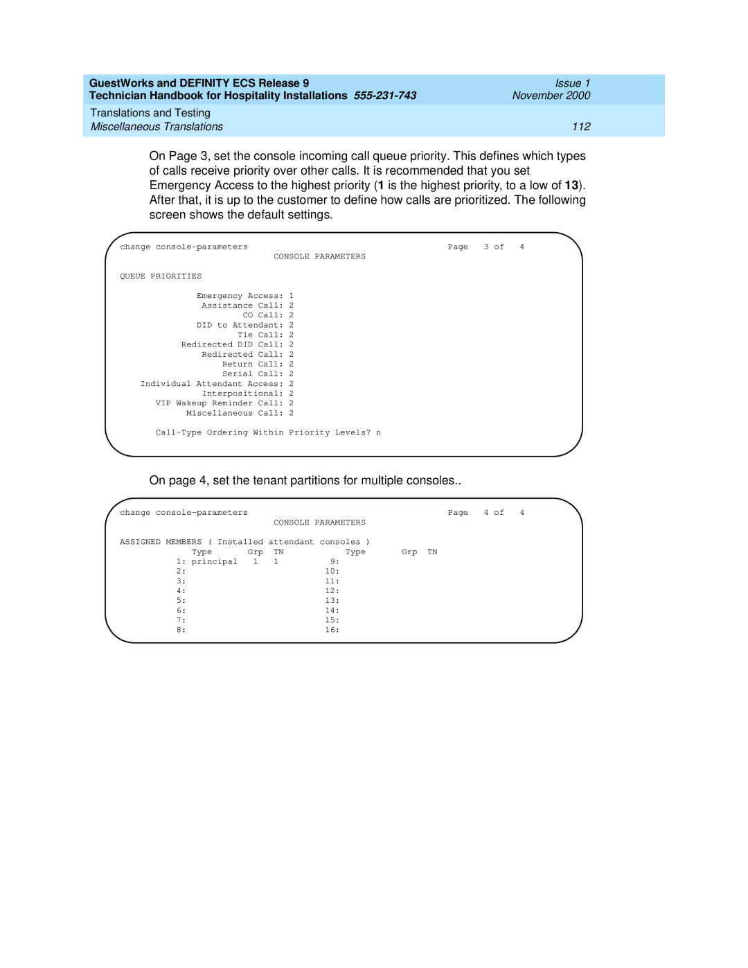 Avaya 555-231-743 manual On page 4, set the tenant partitions for multiple consoles, Console Parameters Queue Priorities 