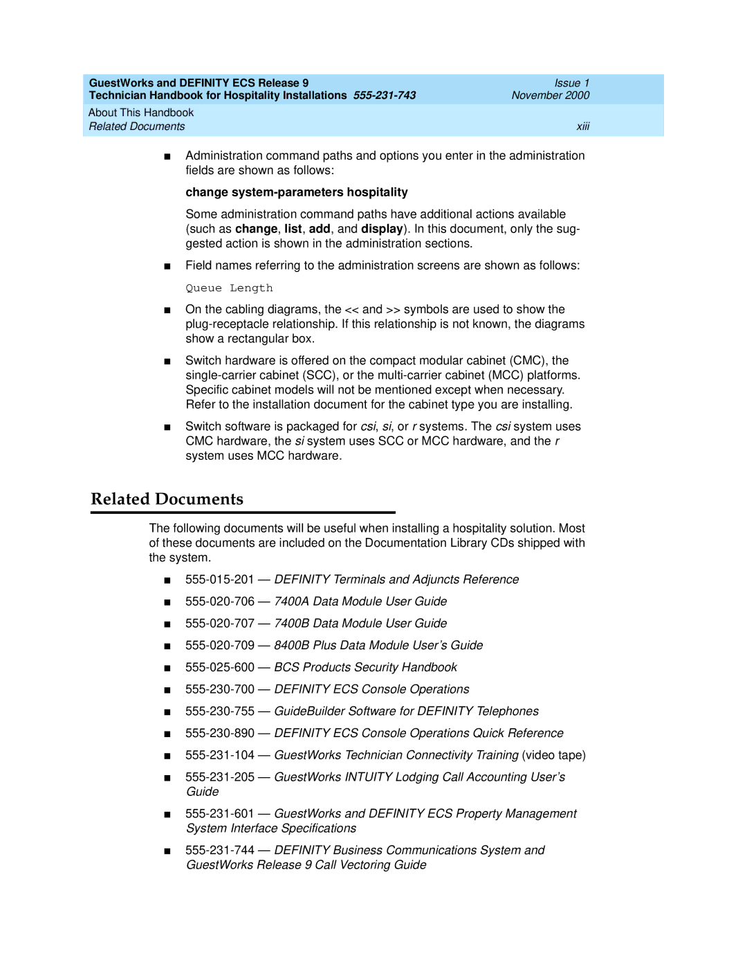 Avaya 555-231-743 manual Related Documents, Change system-parameters hospitality 