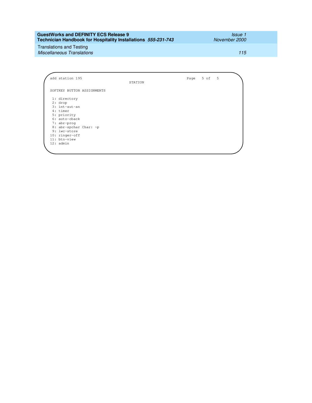 Avaya 555-231-743 manual Translations and Testing Miscellaneous Translations 115, Station Softkey Button Assignments 