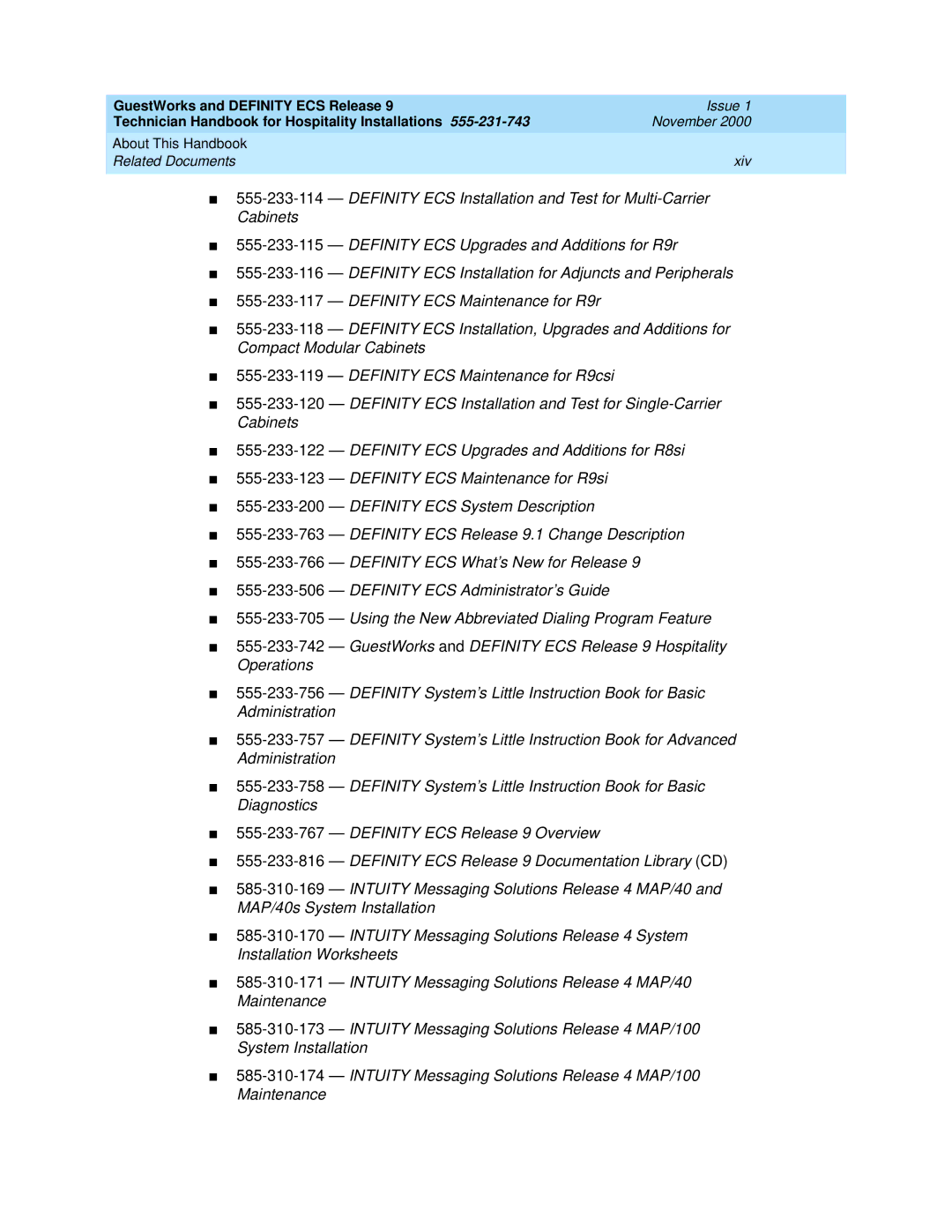 Avaya 555-231-743 manual About This Handbook Related Documents Xiv 