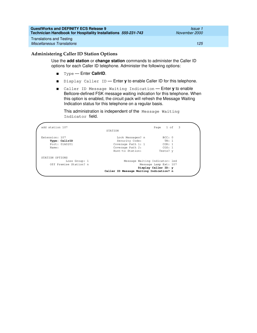 Avaya 555-231-743 manual Administering Caller ID Station Options, Type CallrID 