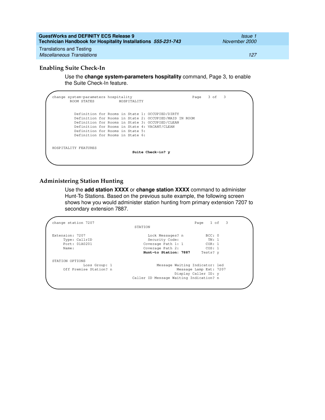 Avaya 555-231-743 manual Enabling Suite Check-In, Administering Station Hunting, Suite Check-in? y, Hunt-to Station 7887 