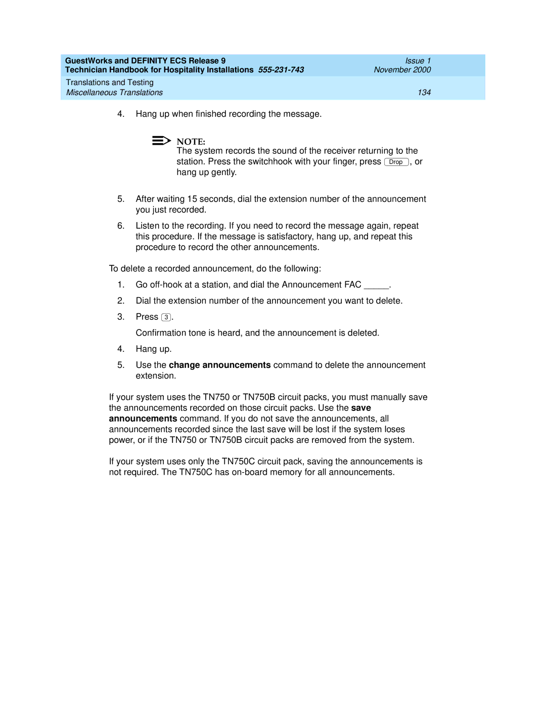 Avaya 555-231-743 manual Translations and Testing Miscellaneous Translations 134 