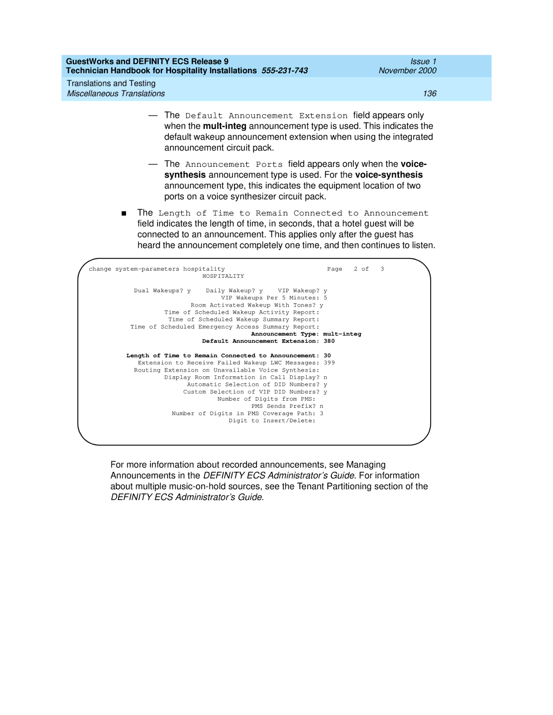 Avaya 555-231-743 manual Hospitality, Announcement Type mult-integ 