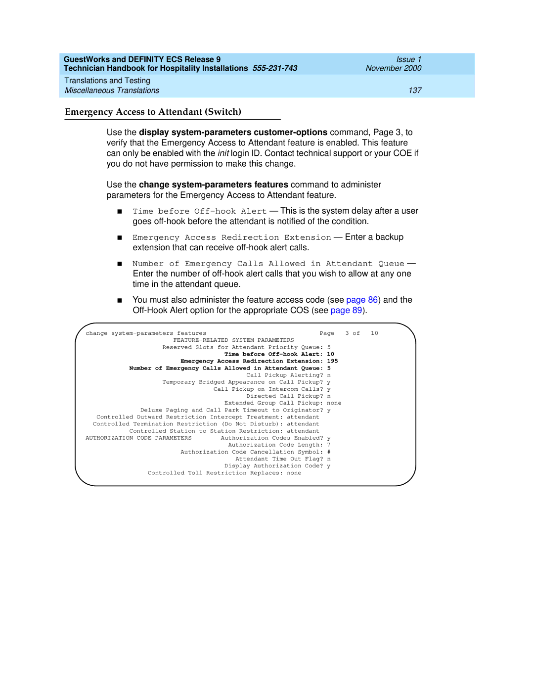 Avaya 555-231-743 manual Emergency Access to Attendant Switch, FEATURE-RELATED System Parameters 