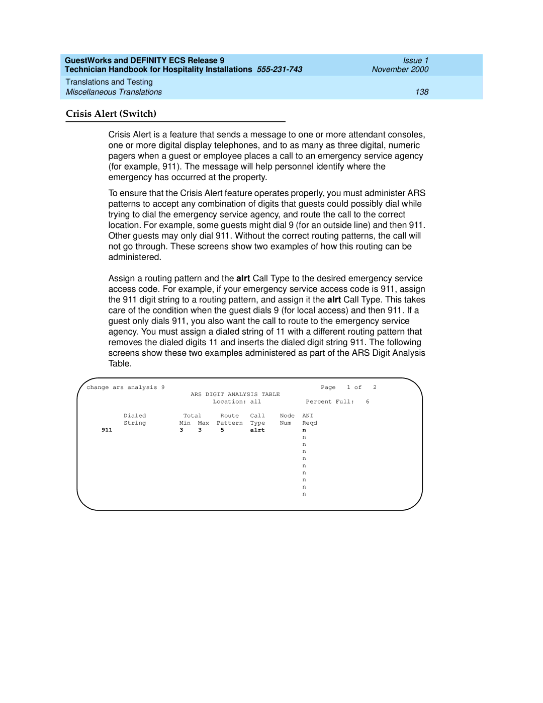 Avaya 555-231-743 manual Crisis Alert Switch, ARS Digit Analysis Table, Ani, Alrt 