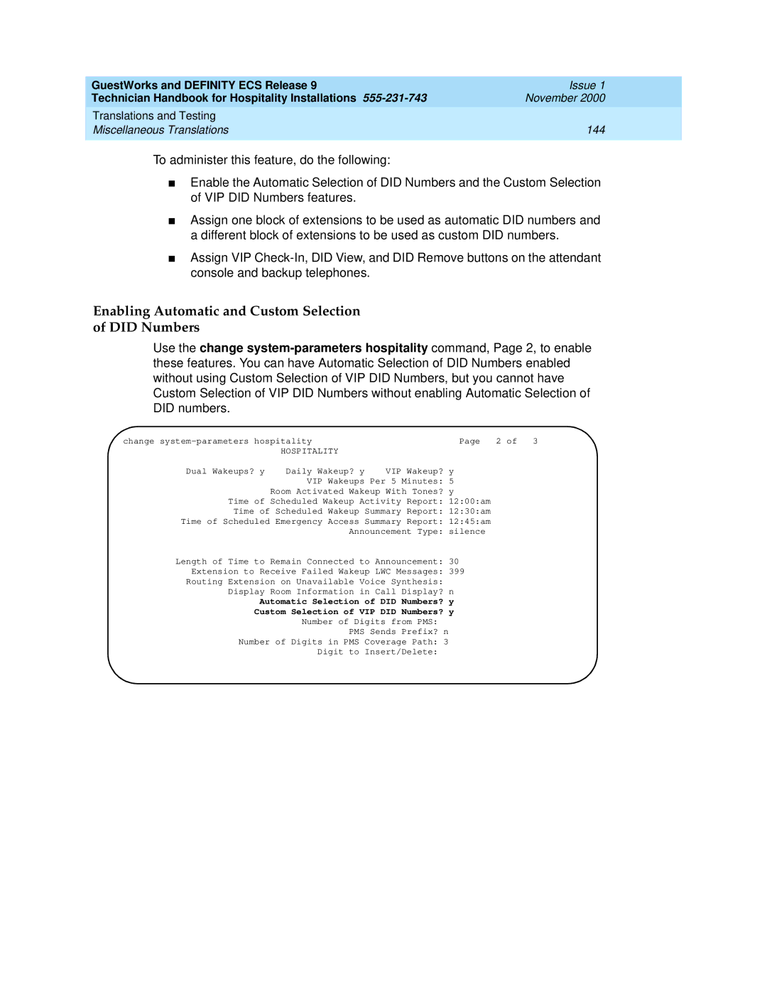 Avaya 555-231-743 manual Enabling Automatic and Custom Selection Did Numbers, Hospitality 