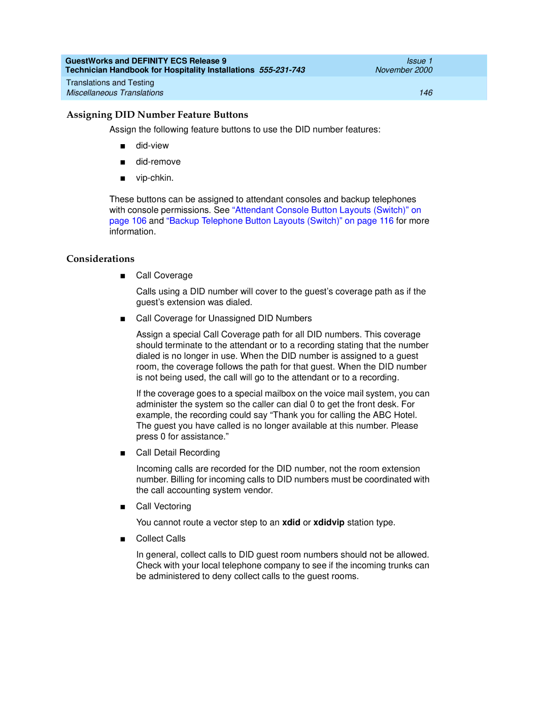 Avaya 555-231-743 manual Assigning did Number Feature Buttons, Considerations 