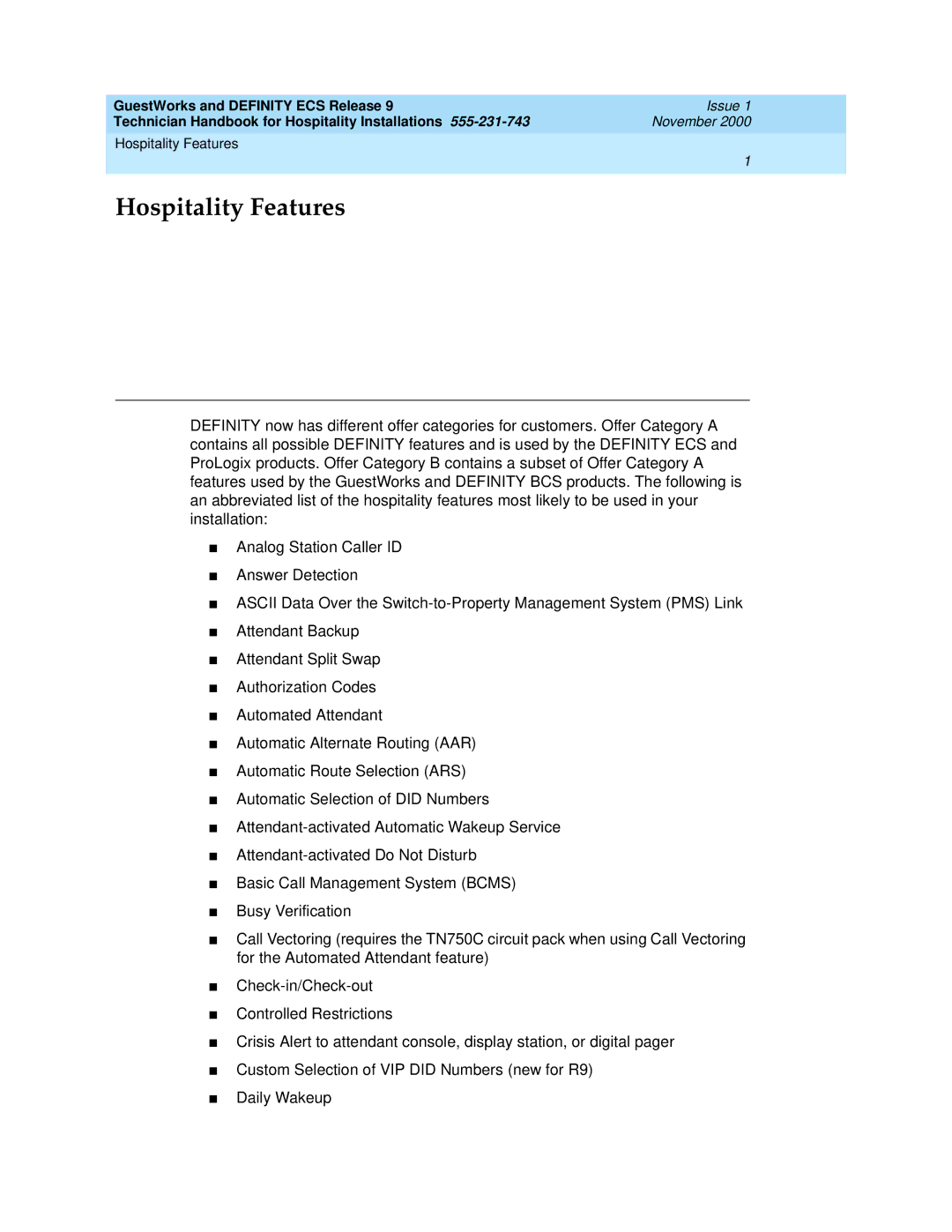 Avaya 555-231-743 manual Hospitality Features 