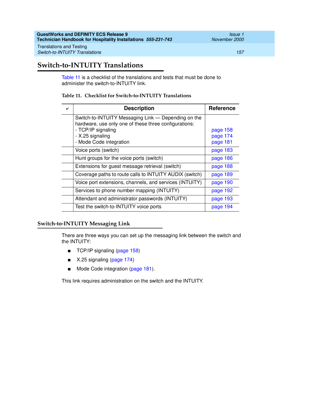 Avaya 555-231-743 manual Switch-to-INTUITY Translations, Switch-to-INTUITY Messaging Link 