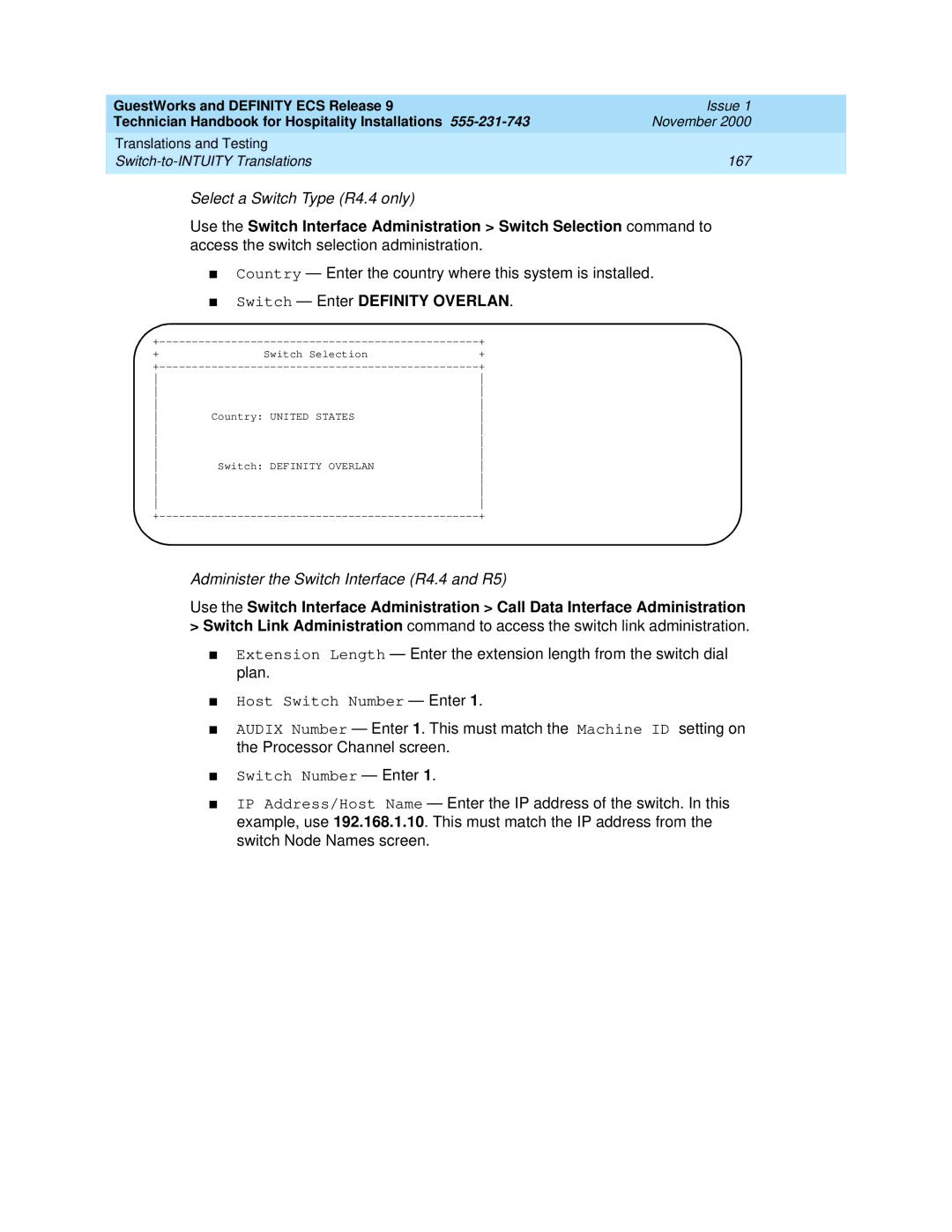 Avaya 555-231-743 manual Switch Enter Definity Overlan 